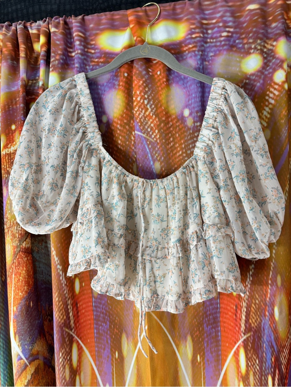 ✨TOP & SKIRT SET✨Storia Cream Floral Puff-Sleeve Ruffle Crop Top & Mini Skirt